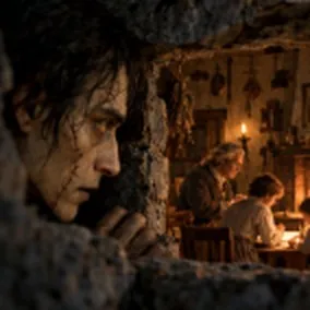 Frankenstein scene: The Creature watches the De Lacey family